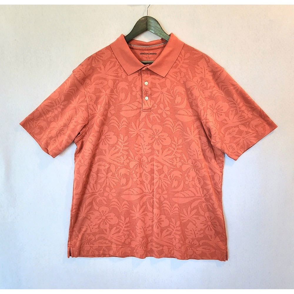 Johnston & Murphy Mens XL Coral Floral Jacquard Pique Polo Shirt Short Sleeve